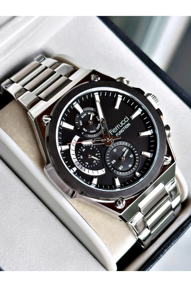 Ferrucci Gümüş Renk Spor Elite Fonksiyonlu Garantili Erkek Kol Saati + BİLEKLİK ürün görseli 1