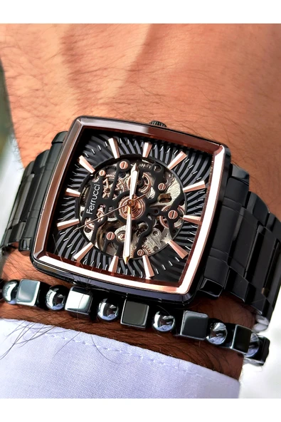 Ferrucci Siyah Renk Otomatik Kare Business  Mekanizma Erkek Kol Saati + BİLEKLİK - Resim 2