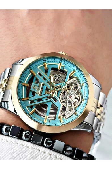 Reward Altın Gümüş Renk Otomatik Mekanizma Çelik Kordon Erkek Kol Saati + BİLEKLİK - Resim 2
