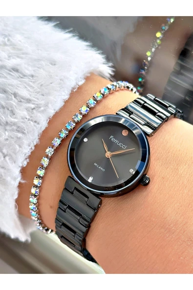 Ferrucci Siyah Renk Klasik Model  Çelik Kordon Kadın Kol Saati + BİLEKLİK ürün görseli 1