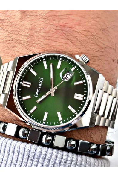 Ferrucci Gümüş Renk Klasik Takvimli Çelik Kordon Erkek Kol Saati + BİLEKLİK ürün görseli 1