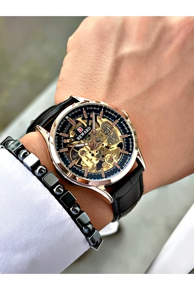 Reward Siyah Deri Kordon Otomatik Business Erkek Kol Saati + BİLEKLİK HEDİYELİ - Resim 2