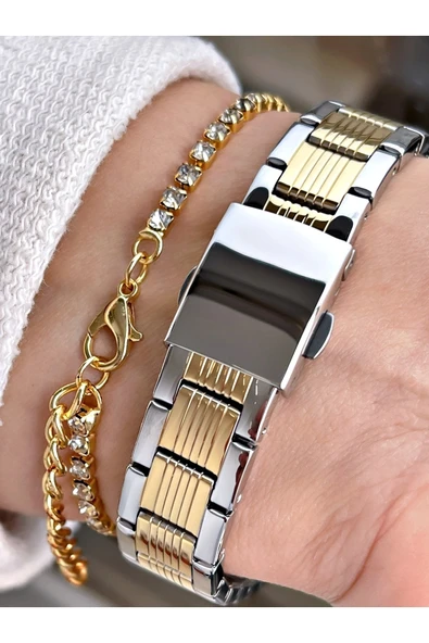 Ferrucci Gümüş-altın Renk Çelik Kordon Kadın Kol Saati Bileklik Hediyeli - Resim 3