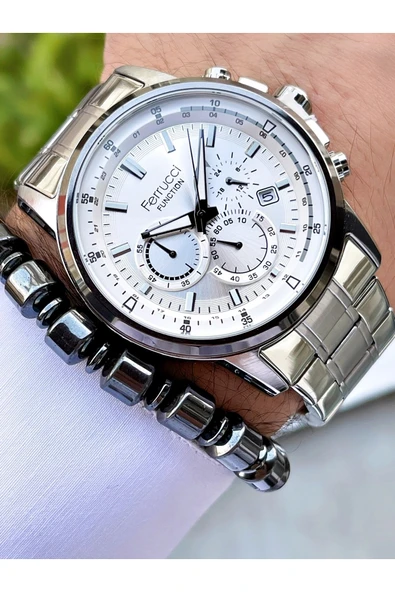 Ferrucci Gümüş Renk Silver Kadran Çelik Kordon Fonksiyonlu Erkek Kol Saati + Bileklik Hediyeli - Resim 3