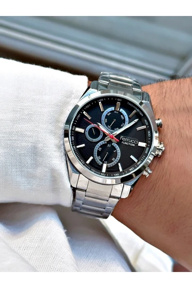 Ferrucci Gümüş Renk Çelik Kordon Şık Dizayn Fonksiyonlar Aktif Erkek Kol Saati + BİLEKLİK HEDİYELİ - Resim 2