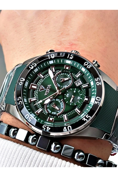 Fiesta Yeşil Renk Silikon Metal Çelik Kasa Kordon Erkek Kol Saati + BİLEKLİK - Resim 3