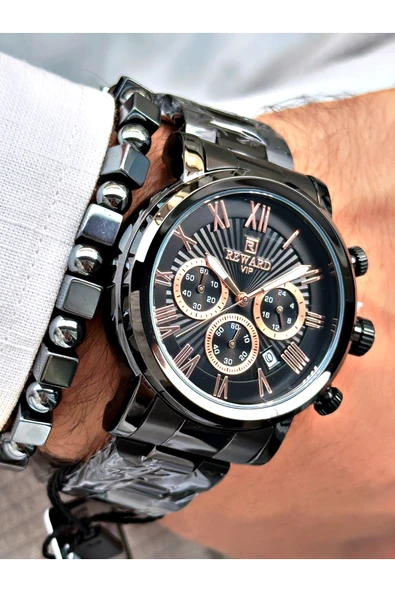 Reward Siyah Renk Fonksiyonlar Aktif Çelik Kordon 3 ATM Su Geçirmez Erkek Kol Saati + BİLEKLİK - Resim 4