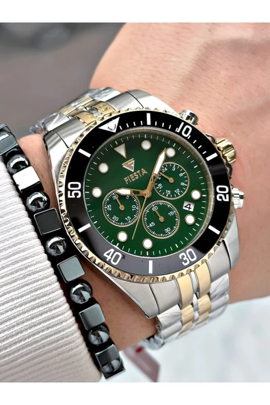 Fiesta Altın Gümüş Renk Fonksiyonlu Çelik SK Mekanizma Çelik Erkek Kol Saati + BİLEKLİK ürün görseli 1