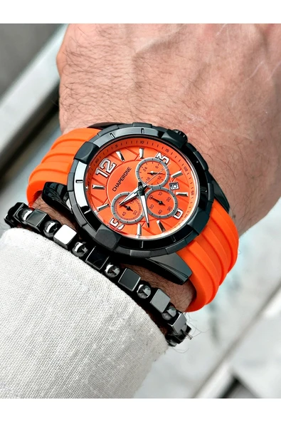 Chaperone Turuncu Spor Silikon Fonksiyonlu Şık Dizayn Erkek Kol Saati + BİLEKLİK HEDİYELİ By Reward - Resim 2