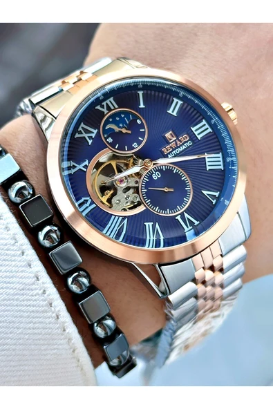 Reward Rose Gold Gümüş Renk Otomatik Mekanizma Roma Rakamlı Erkek Kol Saati + BİLEKLİK ürün görseli 1