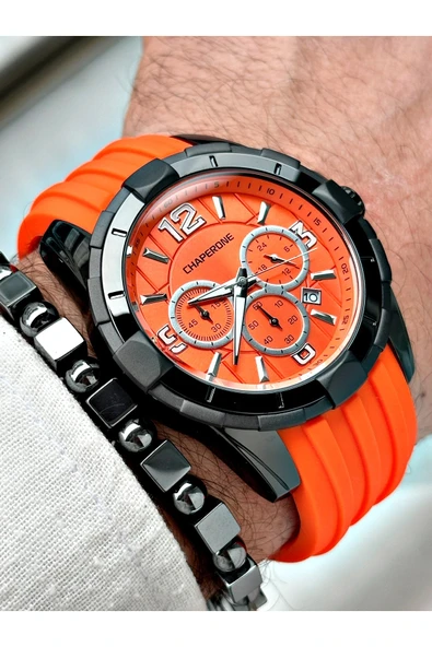Chaperone Turuncu Spor Silikon Fonksiyonlu Şık Dizayn Erkek Kol Saati + BİLEKLİK HEDİYELİ By Reward - Resim 3