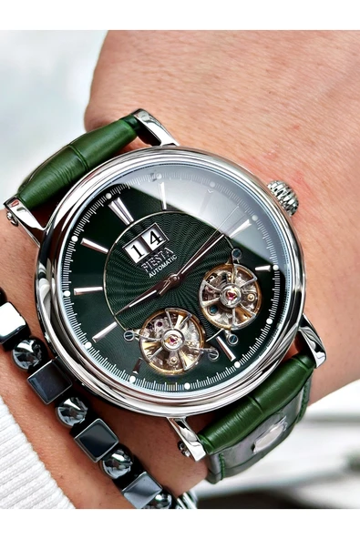 Fiesta Yeşil Renk Çift Türbünlü Deri Kordon Business Otomatik Erkek Kol Saati + BİLEKLİK ürün görseli 1