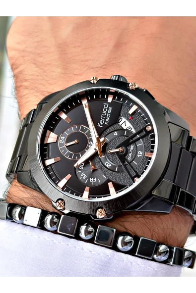 Ferrucci Siyah Renk Spor Fonksiyonlu  Çelik Kordon Erkek Kol Saati + BİLEKLİK ürün görseli 1