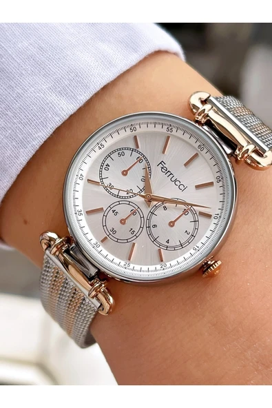 Ferrucci Rose Gold Silver Çift Renk Klasik Hasır Kordon Kadın Kol Saati - Resim 2