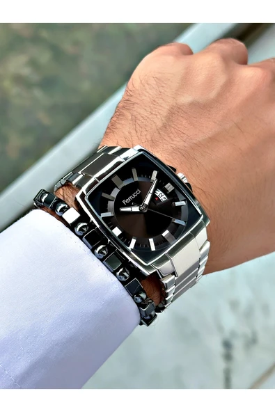 Ferrucci Gümüş Renk Kare Klasik Çelik Kordon Erkek Kol Saati + BİLEKLİK - Resim 2