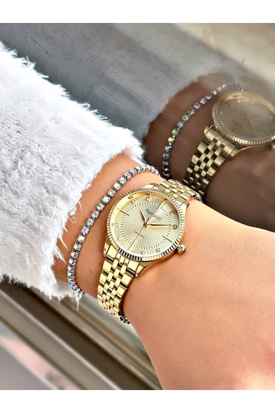 Ferrucci Gümüş Gold Sade Klasik Model Çelik Kordon  Kadın Kol Saati + BİLEKLİK HEDİYELİ - Resim 2