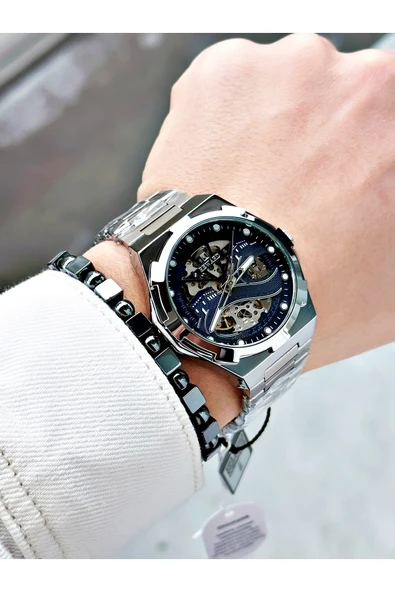 Reward Gümüş Renk Kabe Desen Otomatik Mekanizma Erkek Kol Saati + BİLEKLİK - Resim 2