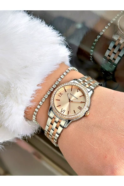 Navimarine Altın Renk Çelik Kordon Kadın Kol Saati + Bileklik Hediyeli - Resim 3