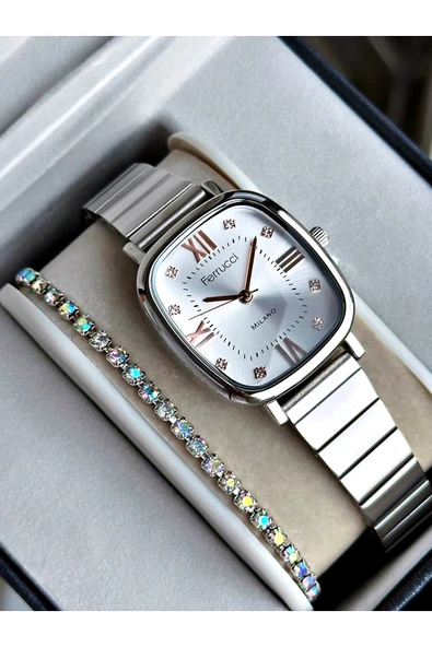 Ferrucci Altın Renk Kare Model Roma Rakamlı Şık Dizayn Kadın Kol Saati + BİLEKLİK ürün görseli 1