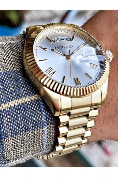 Ferrucci Altın Renk Roma Rakamlı Klasik Metal Erkek Kol Saati + Hematit Doğaltaş Bileklik Hediyeli ürün görseli 1