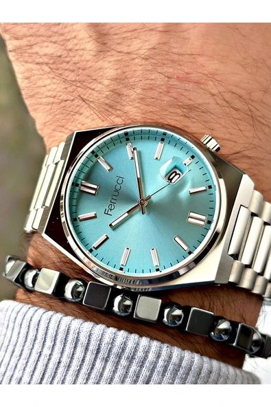 Ferrucci Gümüş Renk Klasik Takvimli Çelik Kordon Erkek Kol Saati + BİLEKLİK ürün görseli 1