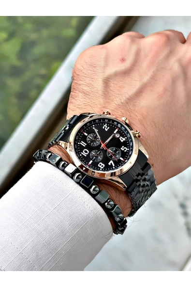 Chaperone Siyah Renk Rakamlı Model Takvimli  Fonksiyonlu Erkek Kol Saati  + BİLEKLİK HEDİYELİ By Reward - Resim 2