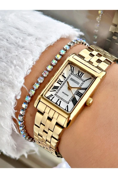 Ferrucci Altın Gold Renk Kare Model Roma Rakamlı Çelik Kordon Kadın Kol Saati + BİLEKLİK ürün görseli 1