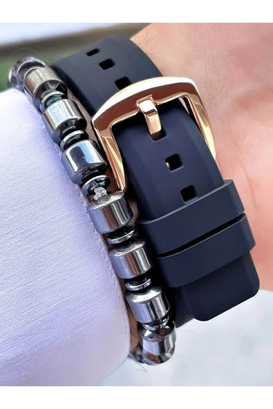 Ferrucci Siyah Rose Gold Renk Silikon Kordon Fonksiyonlu 2 Yıl Garantili Erkek Kol Saati + Bileklik - Resim 4