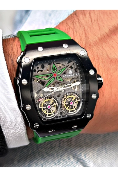 Navimarine Yeşil Renk Kare Spor Silikon Otomatik Business Erkek Kol Saati + BİLEKLİK HEDİYELİ - Resim 4