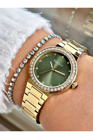 Ferrucci Altın Renk Taşlı Model Sade  Kadın Kol Saati + BİLEKLİK ürün görseli 1