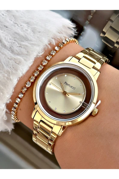 Ferrucci Altın Renk Çelik Kordon Taşlı Kasa Kadın Kol Saati + Bileklik Hediyeli ürün görseli 1