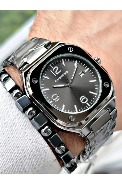 Chaperone Füme Renk Sade Klasik Kare Model Çelik Kordon Erkek Kol Saati + BİLEKLİK HEDİYELİ By REWARD - Resim 3