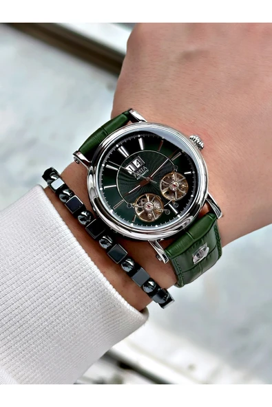Fiesta Yeşil Renk Çift Türbünlü Deri Kordon Business Otomatik Erkek Kol Saati + BİLEKLİK - Resim 4
