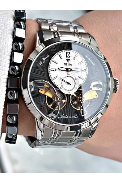 Fiesta Gümüş Renk Çift Türbünlü Otomatik Business Erkek Kol Saati + BİLEKLİK - Resim 5