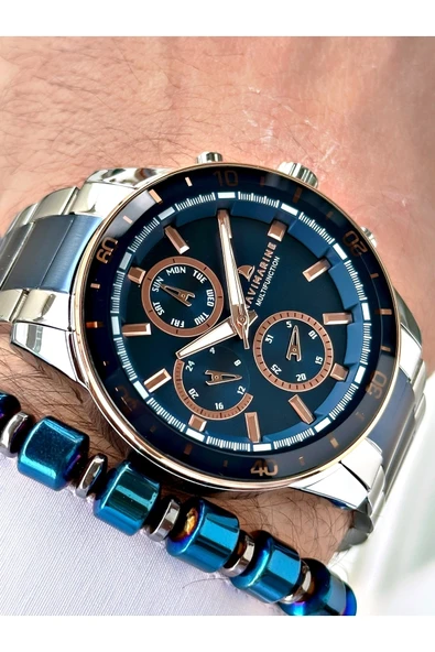 Navimarine Lacivert Gümüş Renk Metal Kordon Tüm Fonksiyonlar Aktif Orijinal Erkek Kol Saati + Bileklik Hediyeli - Resim 4