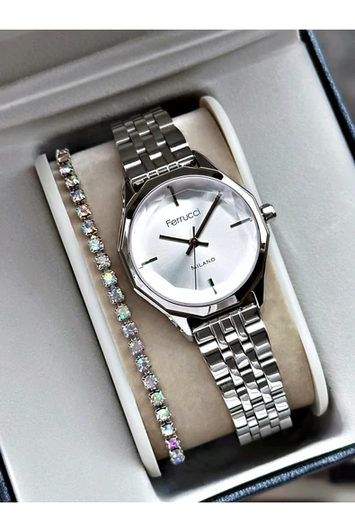 Ferrucci Gümüş Renk Sade Model Klasik Kadın Kol Saati + BİLEKLİK ürün görseli 1