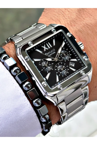 Ferrucci Gümüş Renk Kare Fonksiyonlar Aktif  Erkek Kol Saati + BİLEKLİK - Resim 4