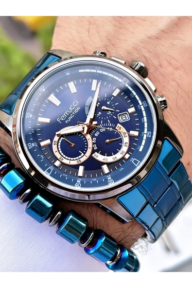 Ferrucci Lacivert Renk Siyah Kasa Çelik Kordon Fonksiyonlu Erkek Kol Saati + Bileklik Hediyeli - Resim 4