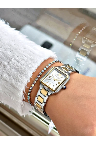 Ferrucci Altın Renk Kare Taşlı Model Roma Rakamlı Çelik Kordon Kadın Kol Saati + BİLEKLİK - Resim 2
