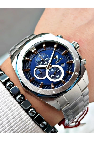 Fiesta Gümüş Renk Çelik Elite Mekanizma Garantili Fonksiyonlu Erkek Kol Saati + BİLEKLİK ürün görseli 1