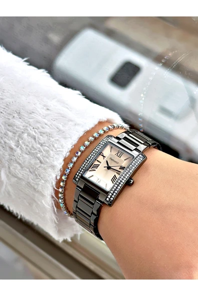 Ferrucci Füme Renk Kare Taşlı Model Çelik Kordon Kadın Kol Saati + BİLEKLİK - Resim 2