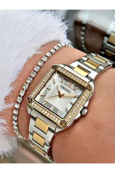Ferrucci Gümüş Gold Renk Kare Model Taşlı Çelik Kordon Kadın Kol Saati + BİLEKLİK HEDİYELİ ürün görseli 1