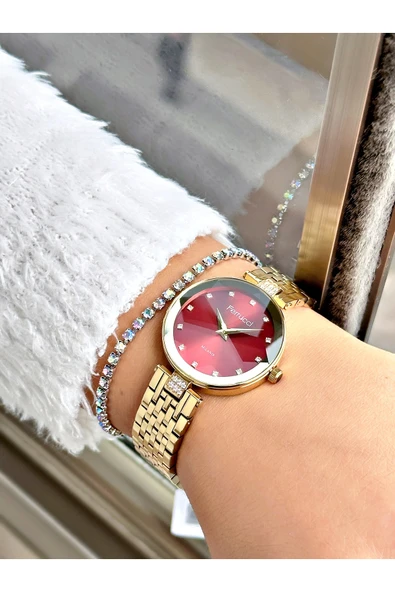 Ferrucci Altın Renk Kesme Cam Kristal Model Şık Model Kadın Kol Saati + BİLEKLİK HEDİYELİ - Resim 2