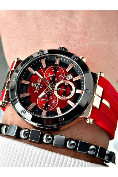 Reward Kırmızı Renk Spor Silikon Kordon Fonksiyonlu Garantili Erkek Kol Saati + BİLEKLİK - Resim 2