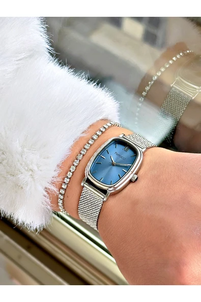 Ferrucci Gümüş Renk Hasır Çelik Kordon Şık Dizayn Kadın Kol Saati + BİLEKLİK HEDİYELİ - Resim 3