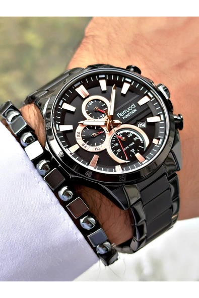 Ferrucci Siyah Renk Şık Spor Çelik Kordon  Fonksiyonlu Erkek Kol Saati + BİLEKLİK - Resim 3