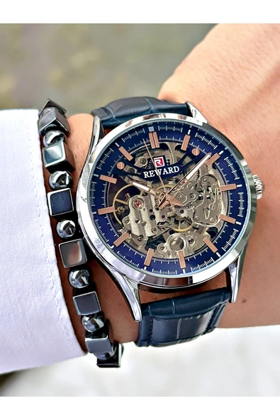 Reward Lacivert Deri Kordon Otomatik Business Erkek Kol Saati + BİLEKLİK HEDİYELİ - Resim 4