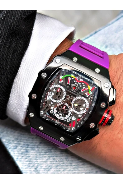 Navimarine Mor Renk Fonksiyonlu Spor Silikon Kare Erkek Kol Saati + BİLEKLİK HEDİYELİ - Resim 5