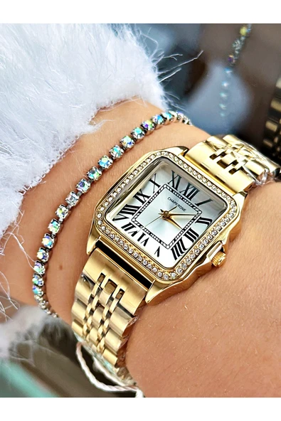 Chaperone Altın Renk Taşlı Model Kare Kadın Kol Saati + BİLEKLİK ürün görseli 1