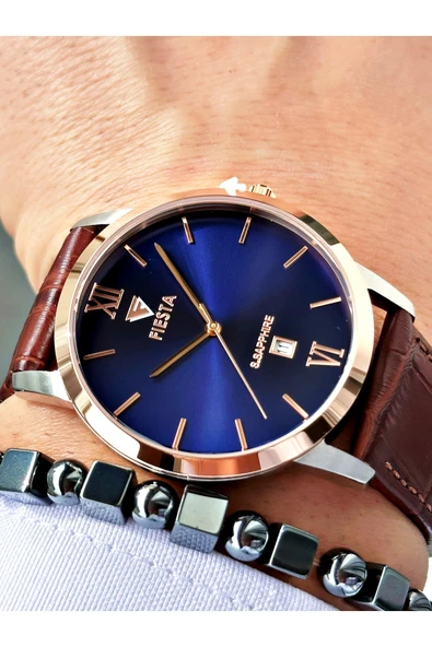 Fiesta Kahve Renk Roma Rakamlı Çelik Kasa Business Erkek Kol Saati + BİLEKLİK ürün görseli 1